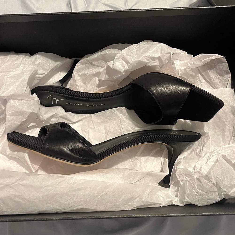 Black Leather Square-Toe Mule Heels